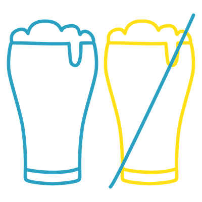 blue outlined icon of a schooner of beer, next to a yellow outlined schooner with a line drawn through it