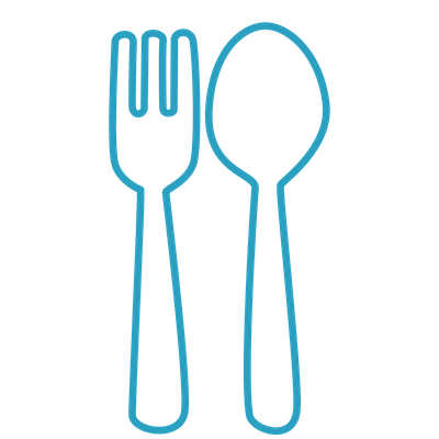 blue outlined icon of a fork and spoon