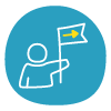 white icon of person holding a flag with an arrow pointing forward on a blue circle