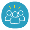 white icon of team of 3 with yellow glow on blue circle