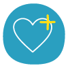 white heart with yellow plus on blue circle