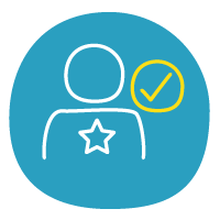 person with star on chest and yellow tick, on blue background