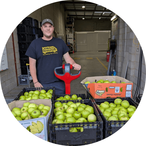 Person standing behind palettes of fruit